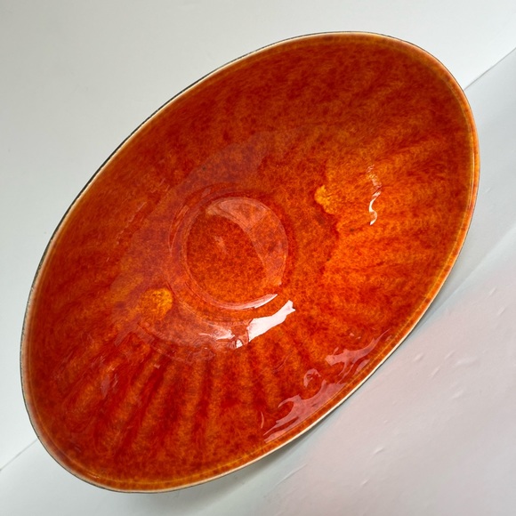 VTG 70s Pedestal Pottery Compote Orange Drip Glaze MCM Matte Gold Bowl Scarce - Picture 3 of 9